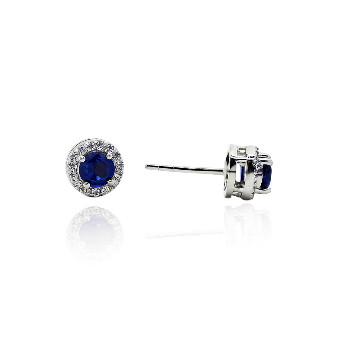 Round Sapphire Halo Earrings – Silver Studs with Sparkling Crystal Frame