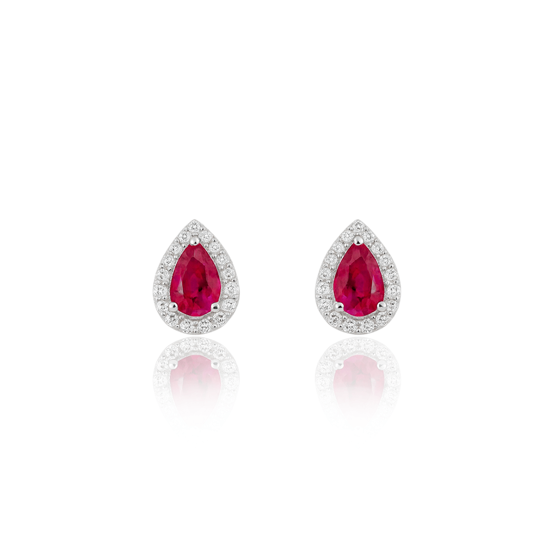 Ruby Teardrop Silver Earrings – Elegant Red Gemstone Halo Studs by SILphony