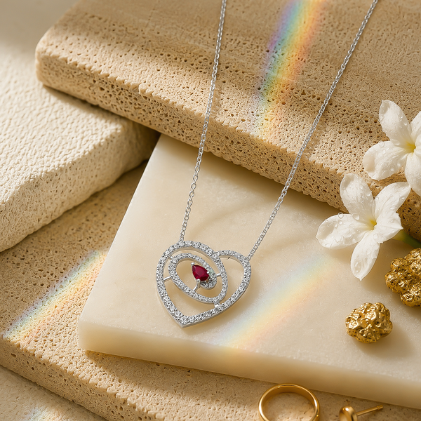92.5 Silver Red Ruby Pear-Cut Heart Swirl Pendant Necklace