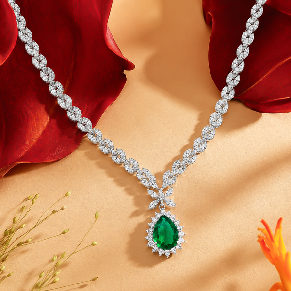 One-of-One 92.5 Silver Pear Emerald Drop Necklace Set