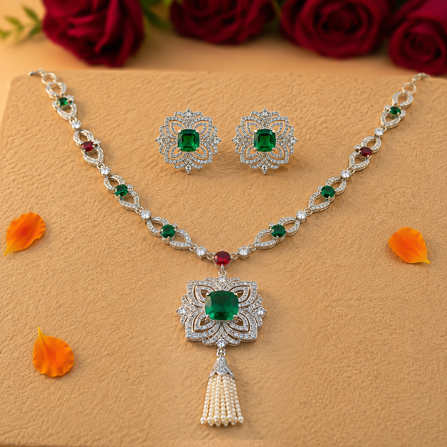 Green Red Stone Necklace Set
