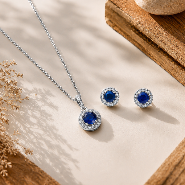 Sapphire Round - 92.5 Silver Pendant Set