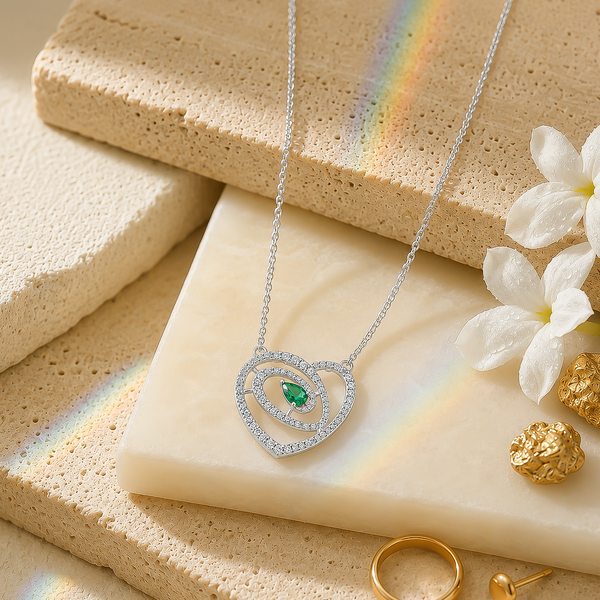 92.5 Silver Emerald-Hued Pear Cut Heart Swirl Pendant