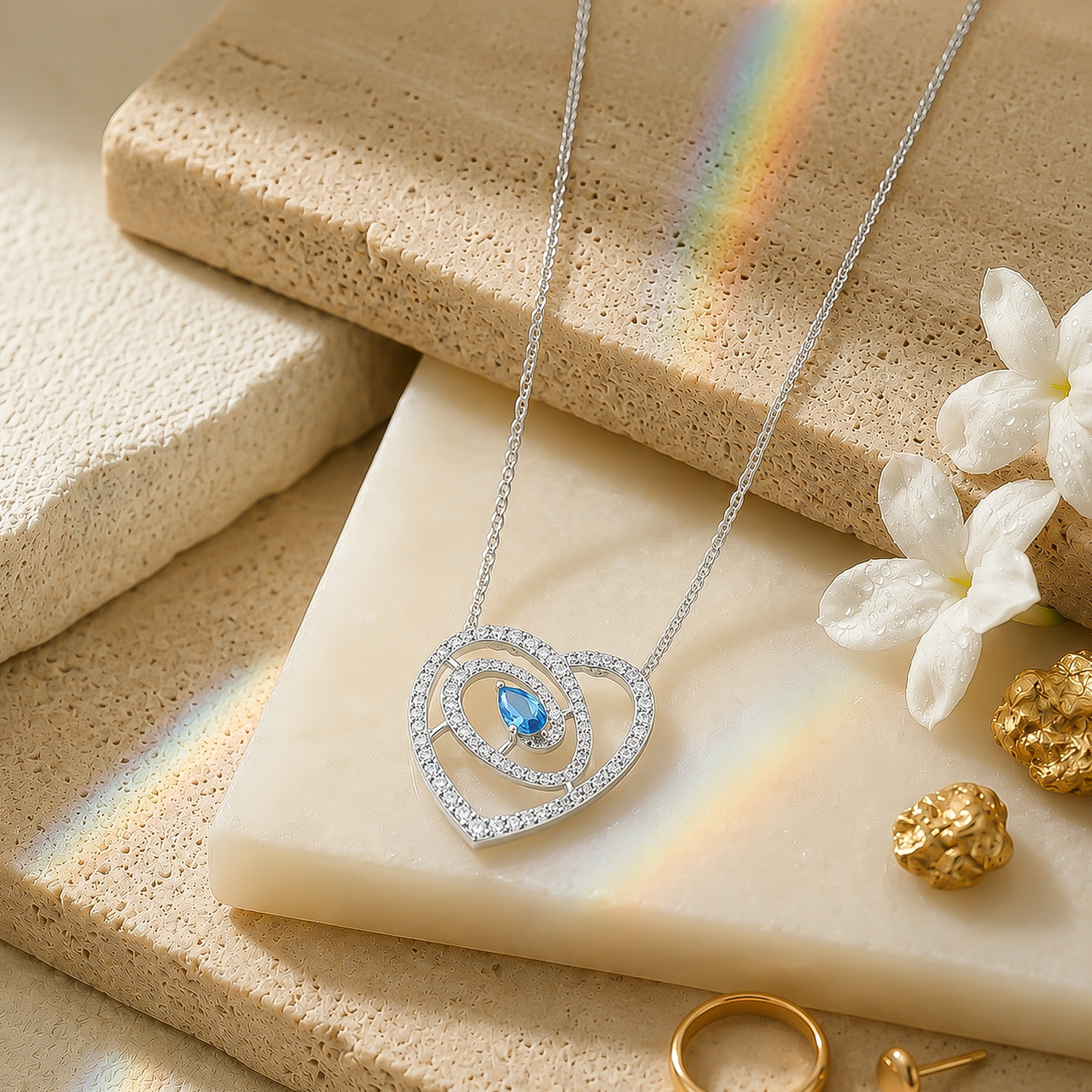 92.5 Silver Sky Blue Pear Cut Heart Swirl Pendant Necklace