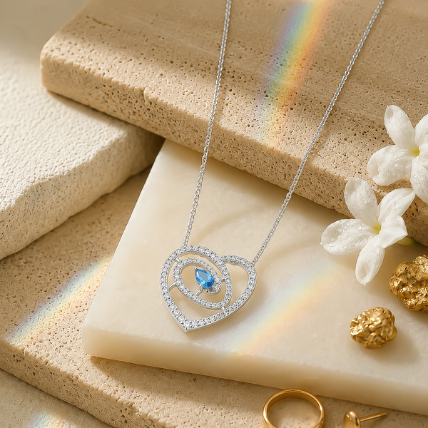 92.5 Silver Sky Blue Pear Cut Heart Swirl Pendant Necklace