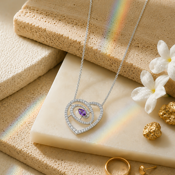 92.5 Silver Purple Pear Cut Heart Swirl Pendant Necklace