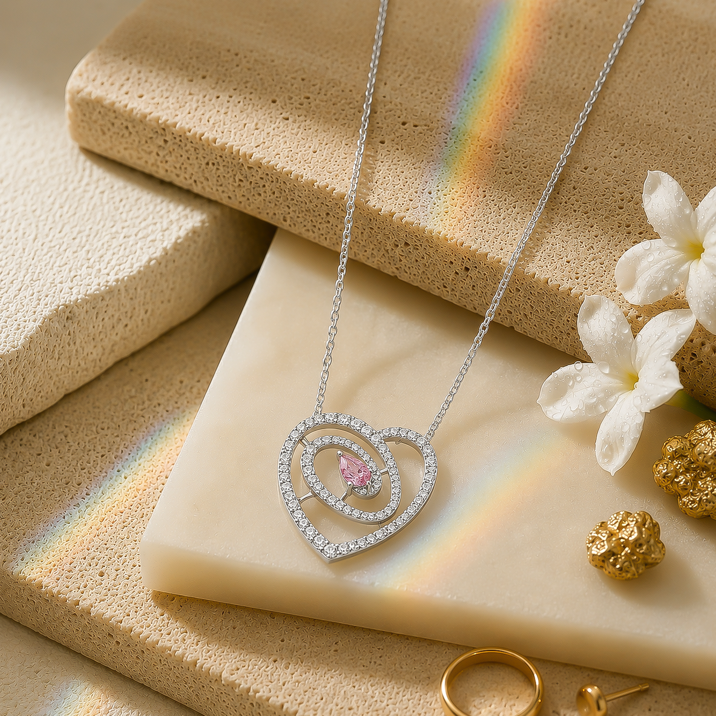 92.5 Silver Blush Pink Pear Cut Heart Swirl Pendant Necklace