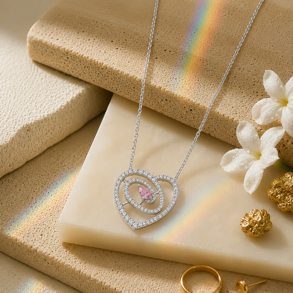 92.5 Silver Blush Pink Pear Cut Heart Swirl Pendant Necklace