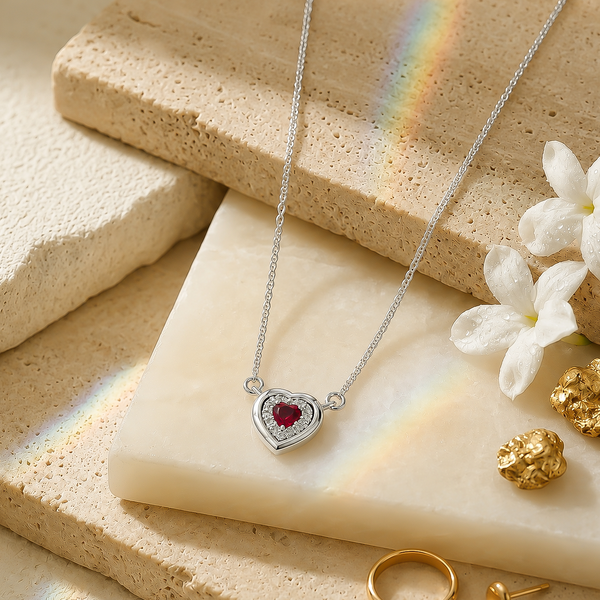 92.5 Silver Romantic Ruby Heart Pendant Necklace