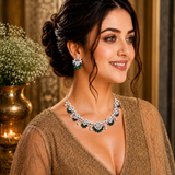 925 Silver Emerald Green Pearl Floral Necklace Set