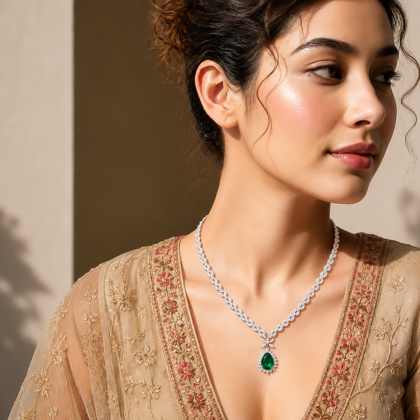 One-of-One 92.5 Silver Pear Emerald Drop Necklace Set