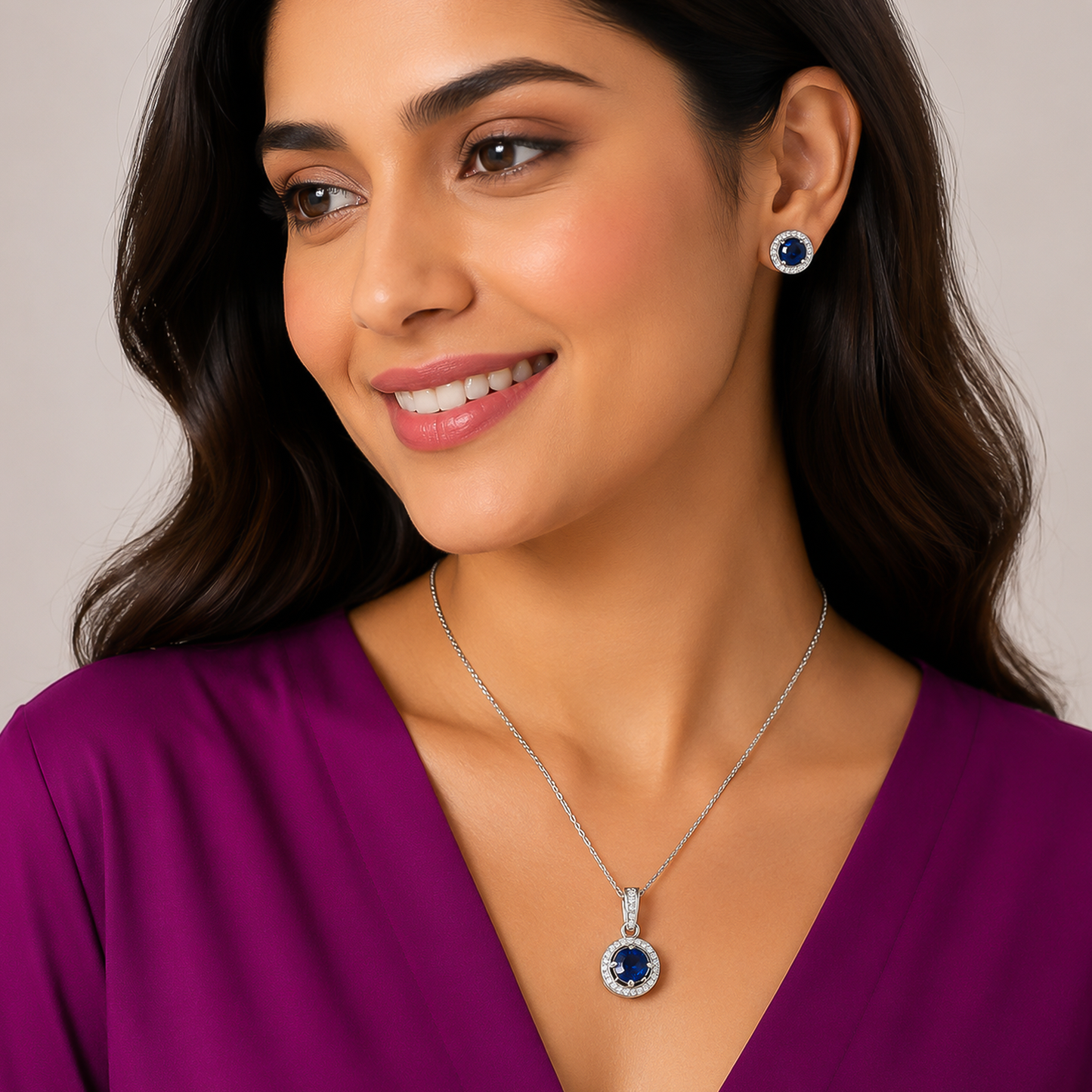 Sapphire Round - 92.5 Silver Pendant Set