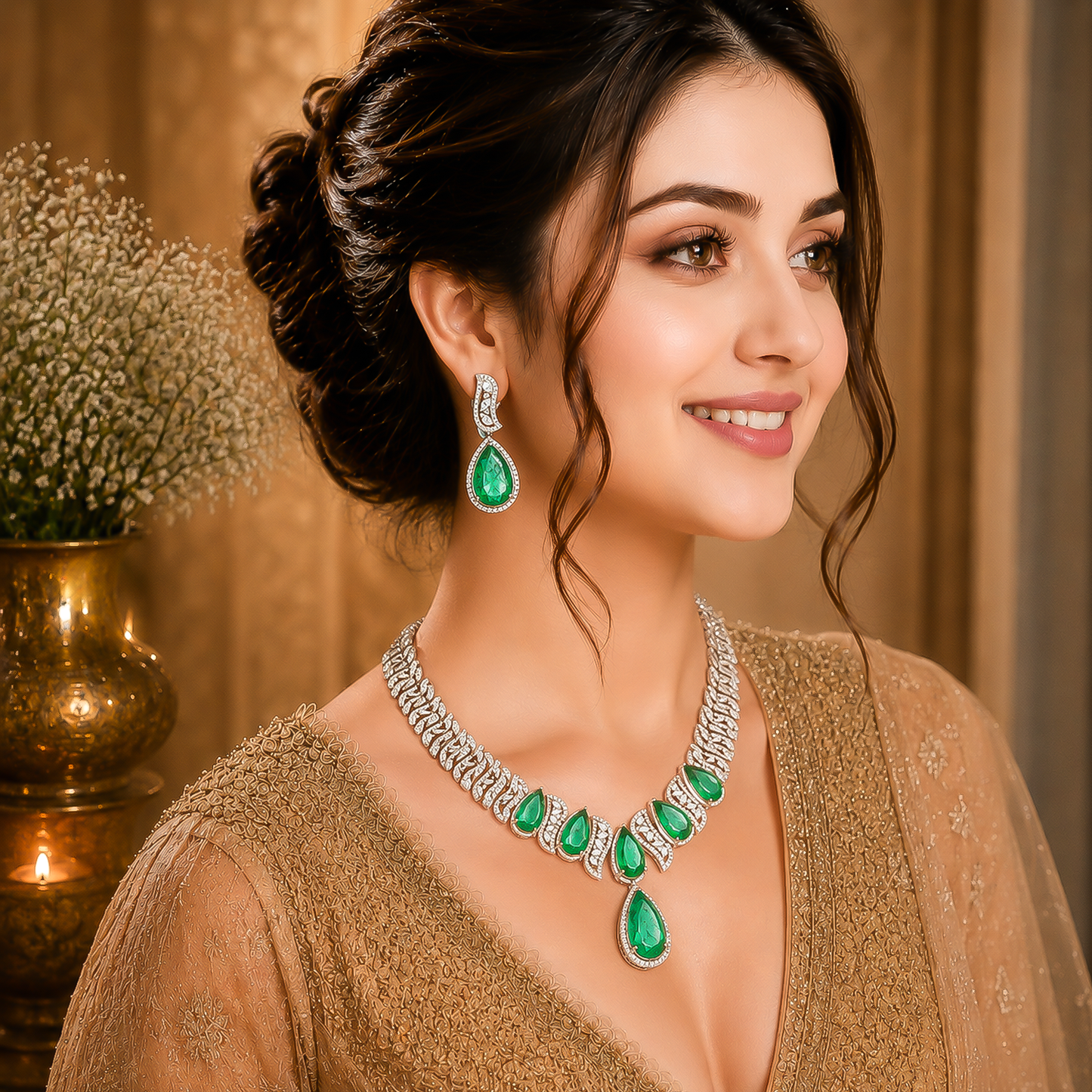 Pear-Cut Green Stone Necklace Set