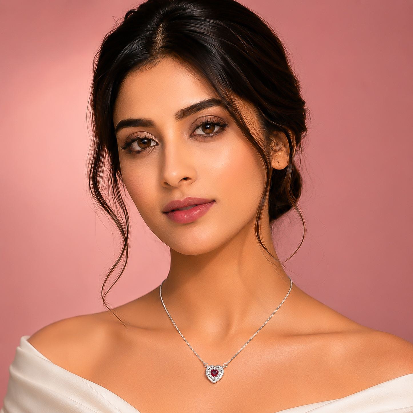 92.5 Silver Romantic Ruby Heart Pendant Necklace