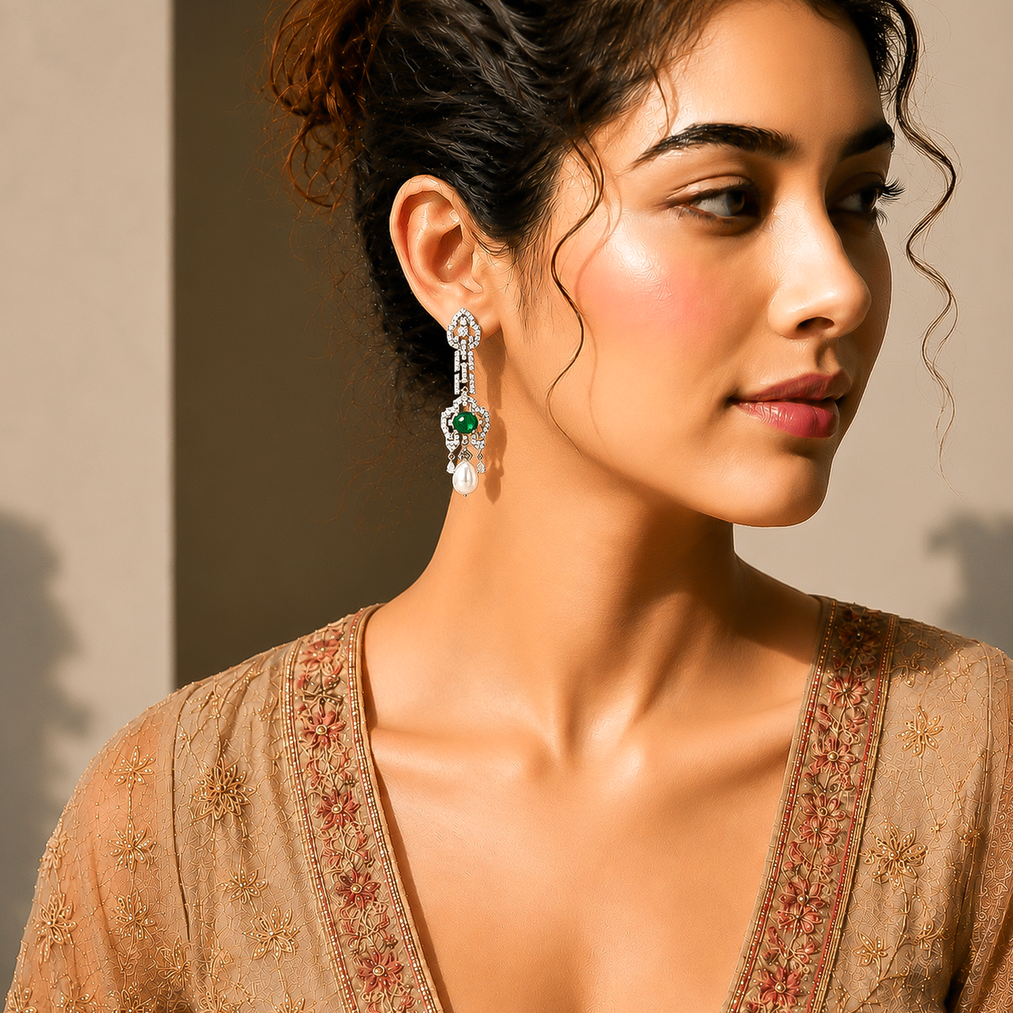 One-of-One Emerald Pearl Drop Earrings in 92.5 Silver