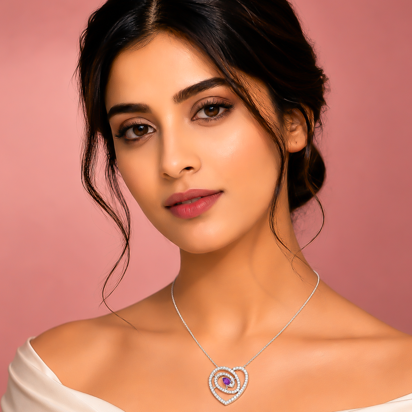 92.5 Silver Purple Pear Cut Heart Swirl Pendant Necklace
