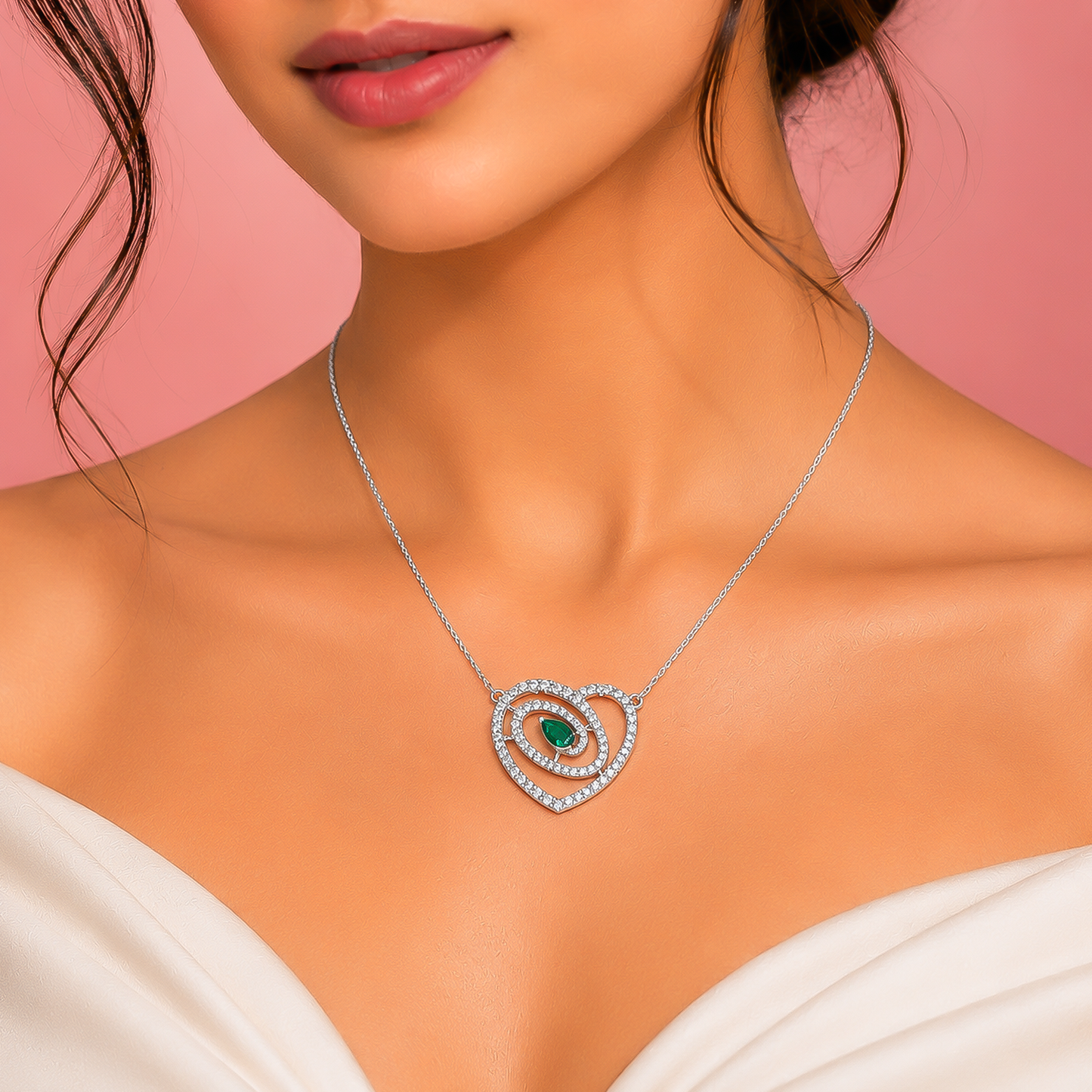 92.5 Silver Emerald-Hued Pear Cut Heart Swirl Pendant