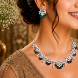 925 Silver Emerald Green Pearl Floral Necklace Set