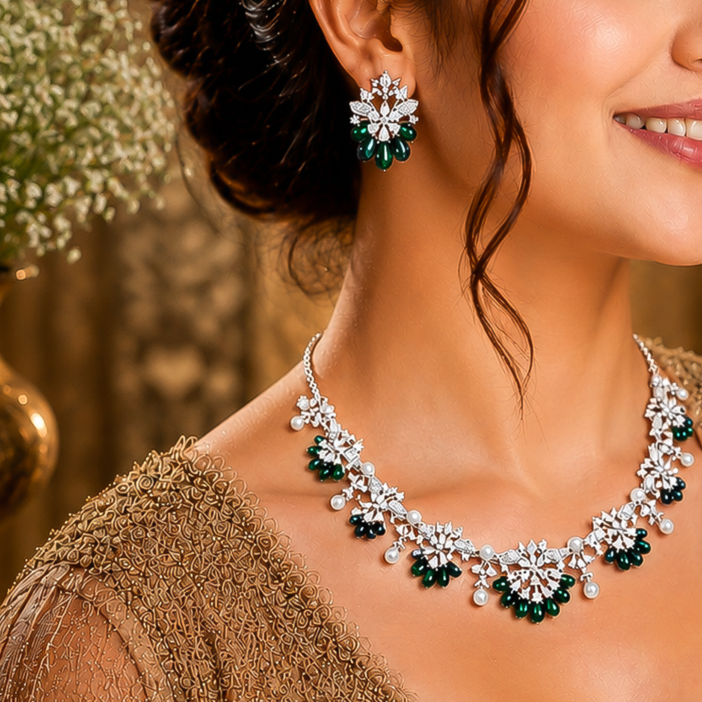 Green Pearl Floral Necklace Set