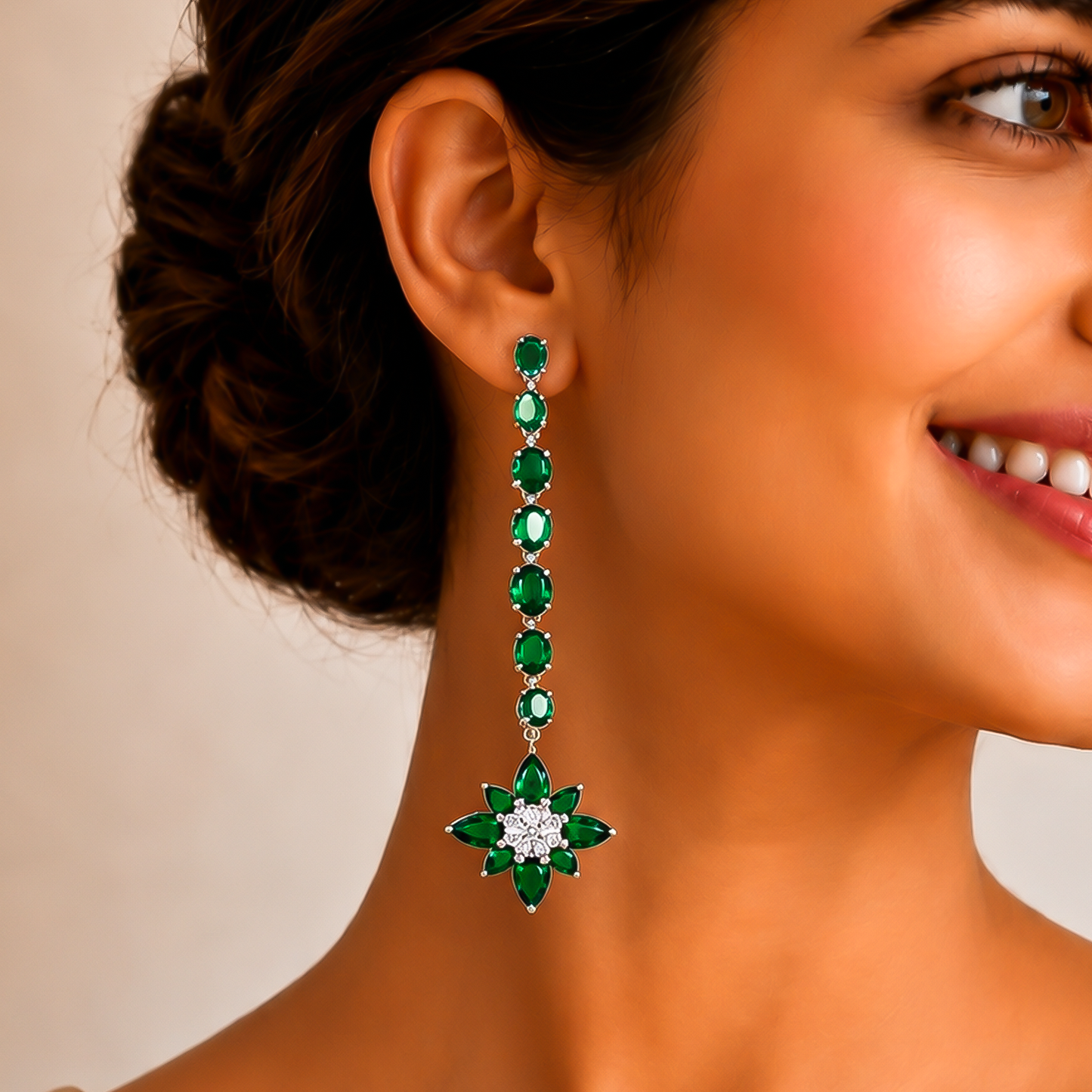 One-of-One 92.5 Silver Green Floral Drop Earrings