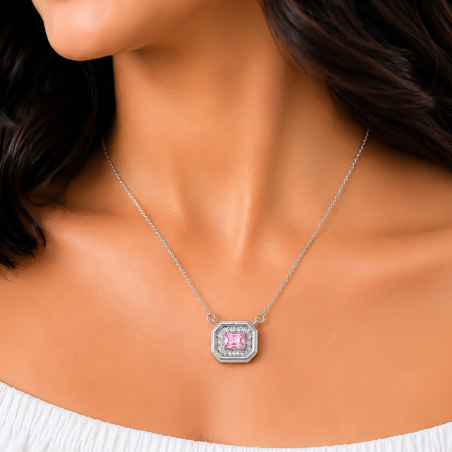 One-of-One 92.5 Silver Simulant Pink Gemstone Octagonal Pendant