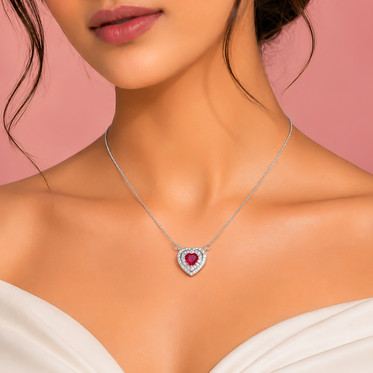 92.5 Silver Romantic Ruby Heart Pendant Necklace