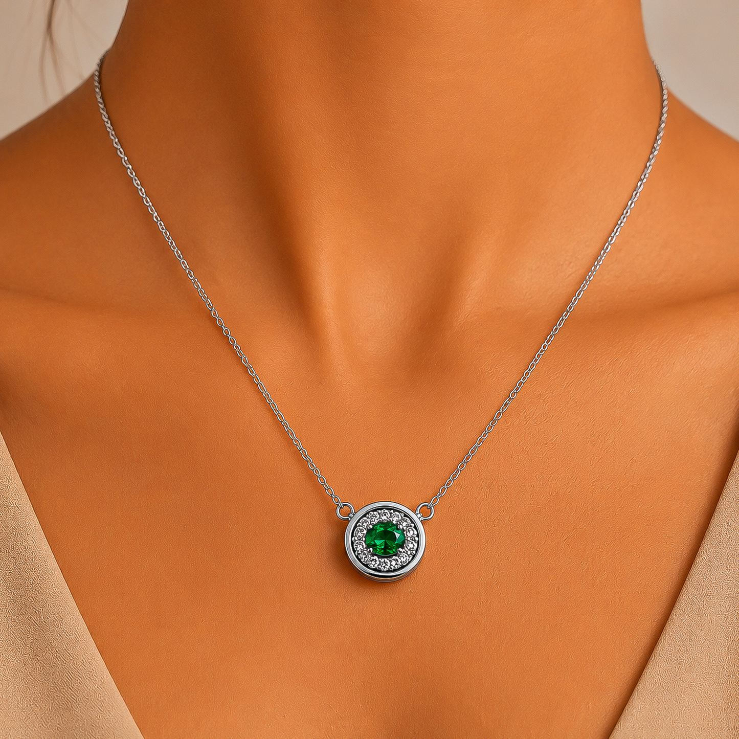 One-of-One 92.5 Silver Simulant Emerald Round Pendant Necklace