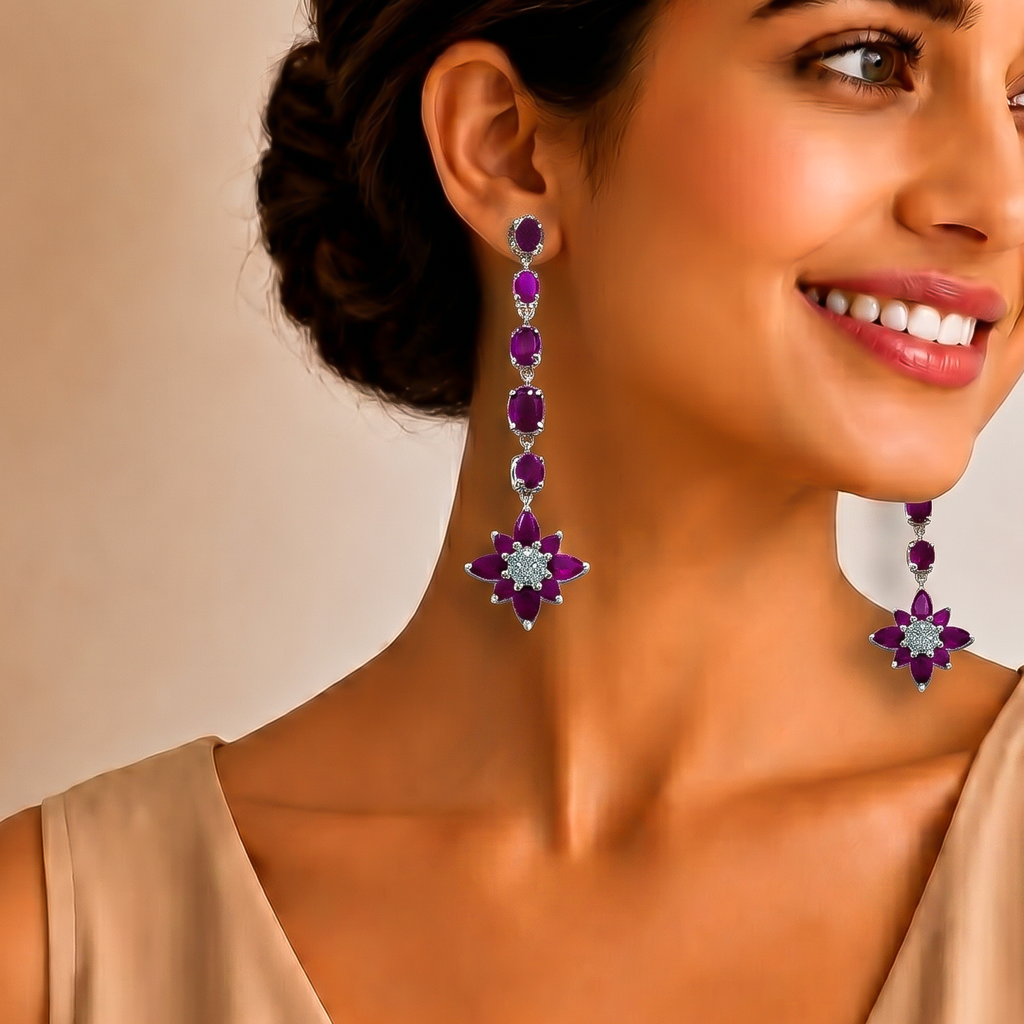 92.5 Silver Ruby Floral Drop Earrings