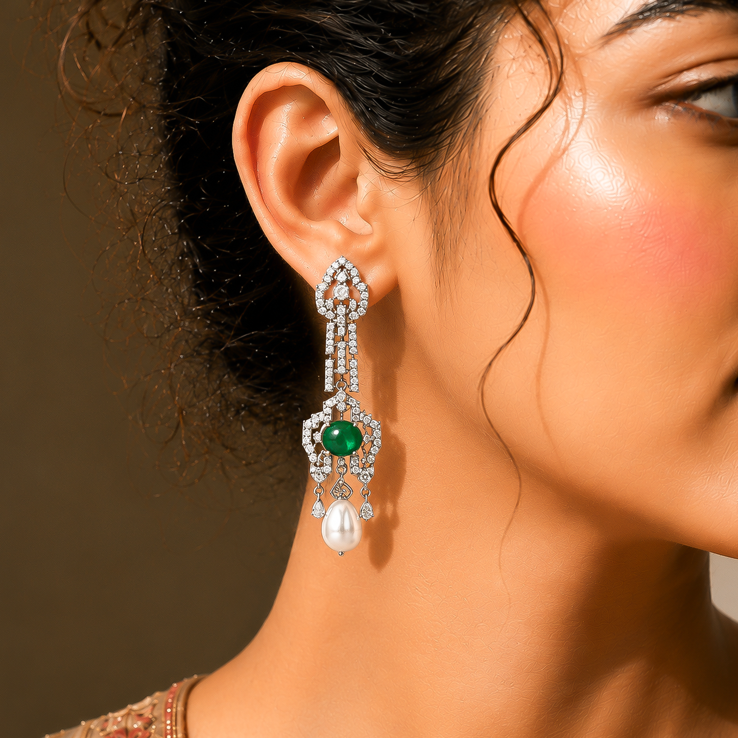 One-of-One Emerald Pearl Drop Earrings in 92.5 Silver