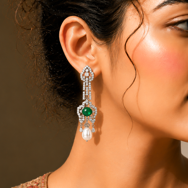 925 Silver Green Emerald Pearl Drop Earrings