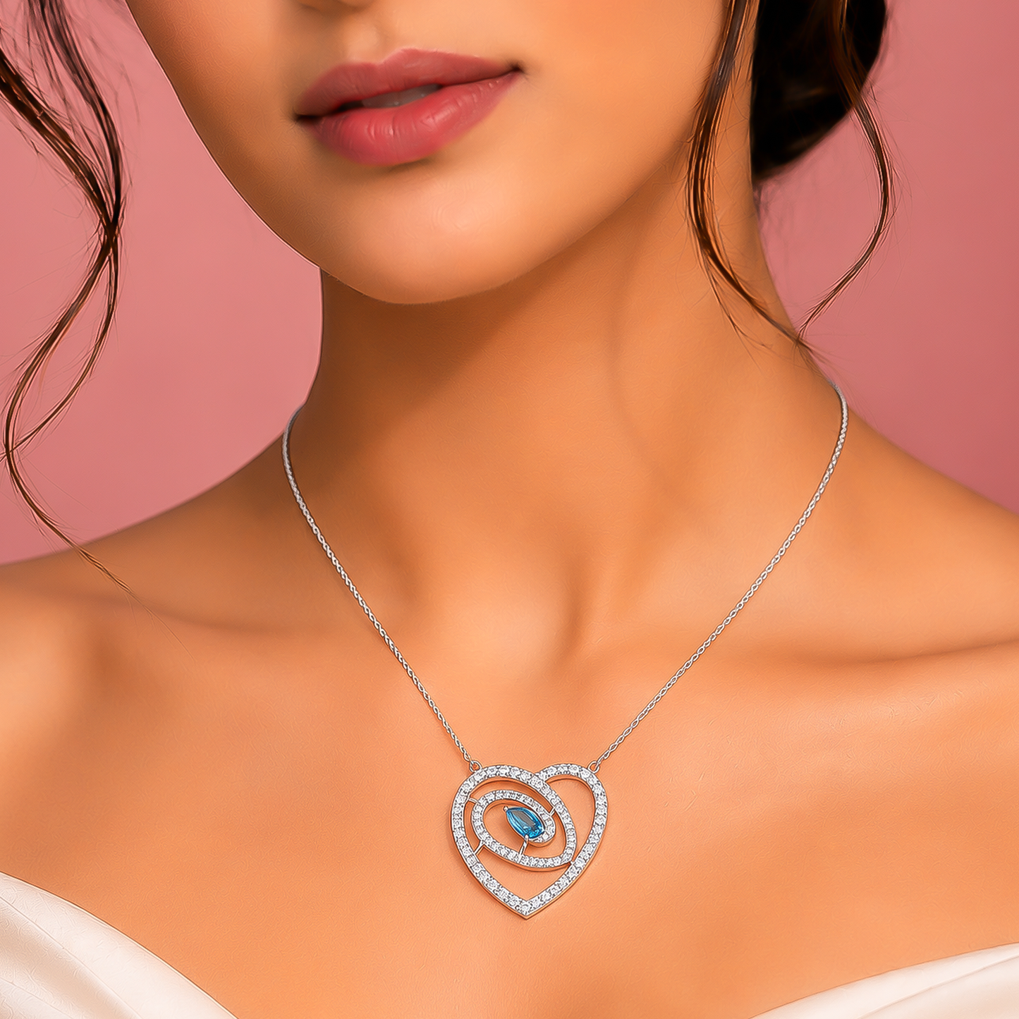 92.5 Silver Sky Blue Pear Cut Heart Swirl Pendant Necklace