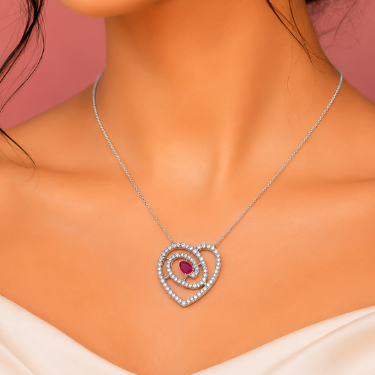 92.5 Silver Red Ruby Pear-Cut Heart Swirl Pendant Necklace