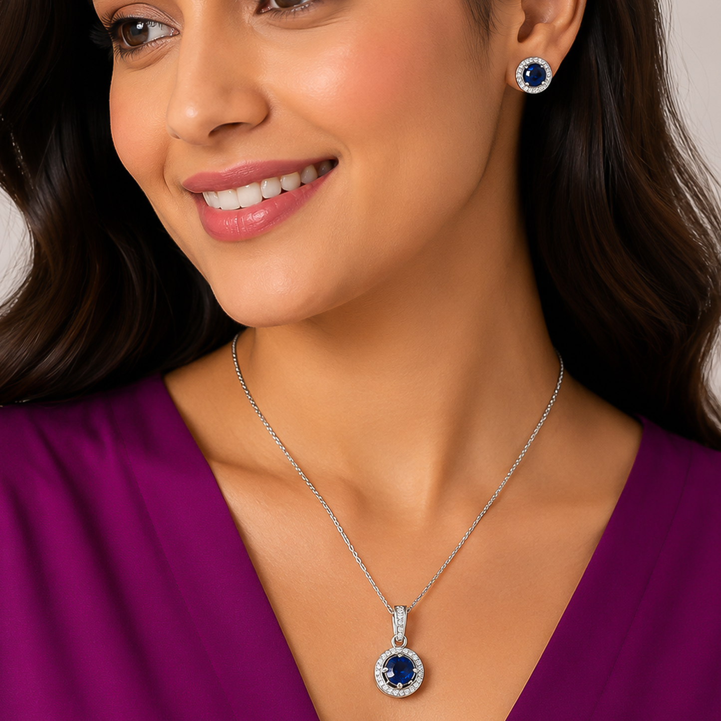 Sapphire Round - 92.5 Silver Pendant Set