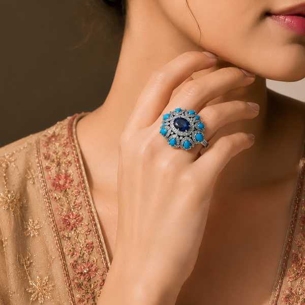 One-of-One 92.5 Silver Blue Stone Halo Ring