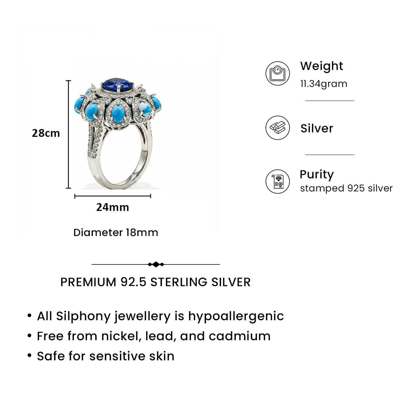 One-of-One 92.5 Silver Blue Stone Halo Ring