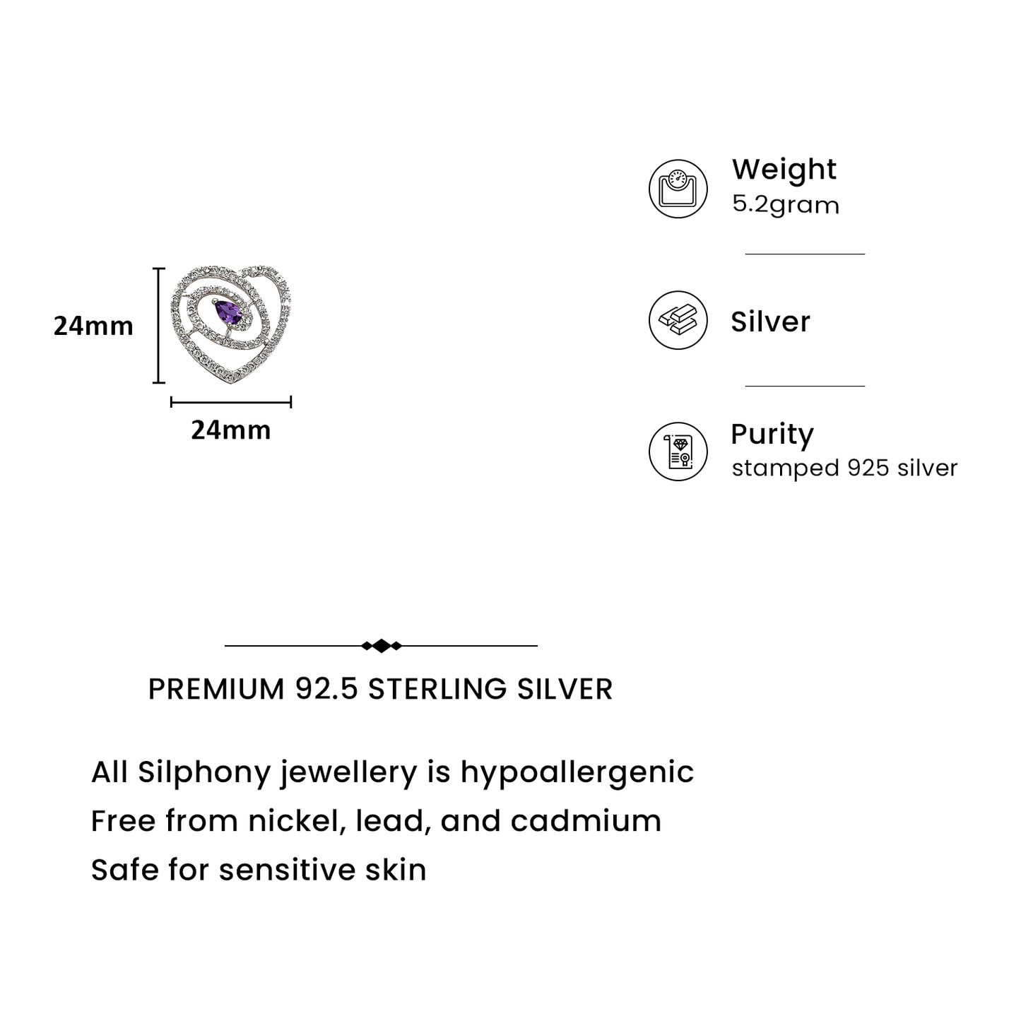 92.5 Silver Purple Pear Cut Heart Swirl Pendant Necklace