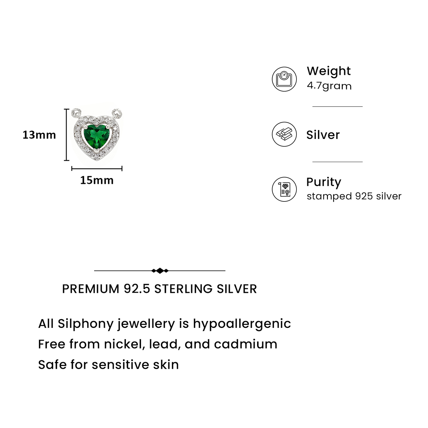 92.5 Silver Emerald Heart Pendant Necklace
