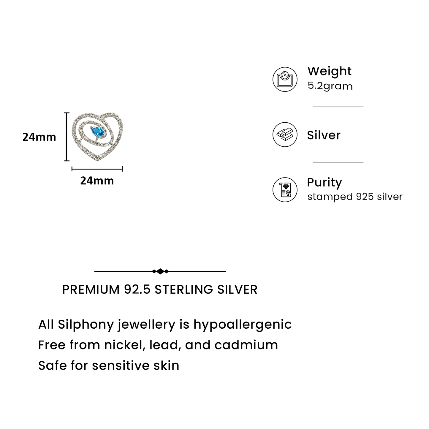 92.5 Silver Sky Blue Pear Cut Heart Swirl Pendant Necklace