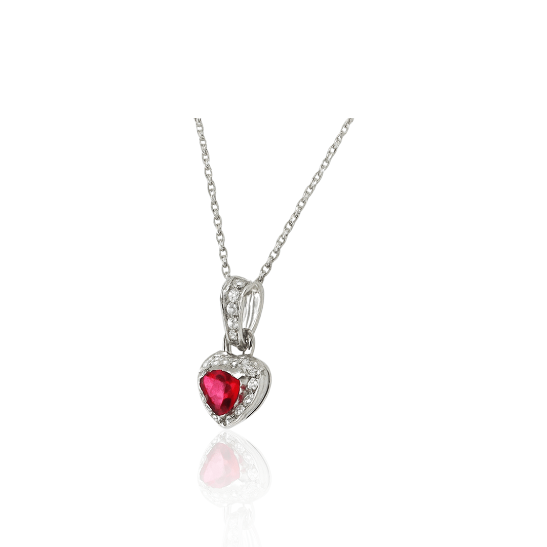 Red Gemstone Silver Pendant – Heart Design Necklace with Ruby Centre Stone
