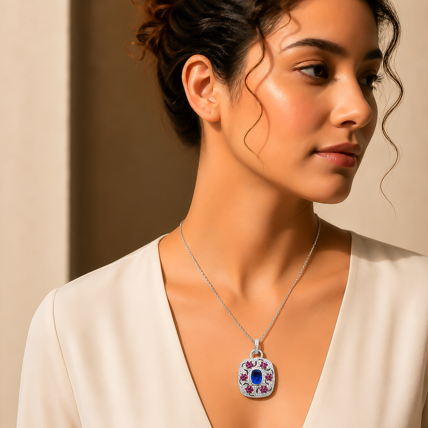One-of-One 92.5 Silver Blue Stone Floral Motif Pendant Necklace
