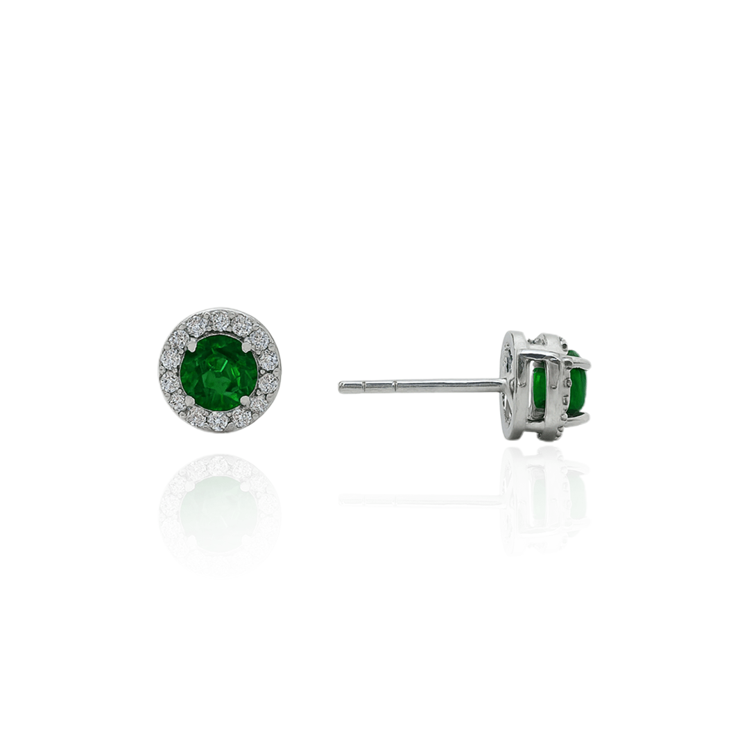 Luxury Silver Jewellery – Emerald Halo Stud Earrings with Diamond-Style Sparkle