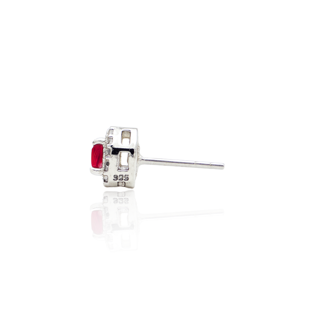 Luxury Silver Heart Earrings – Ruby Halo Studs with Elegant Shine