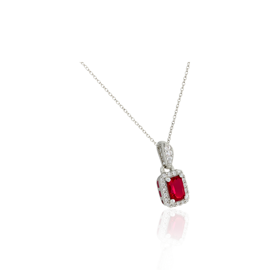 Emerald-Cut Ruby Necklace – Silver Pendant with Diamond-Style Halo Design