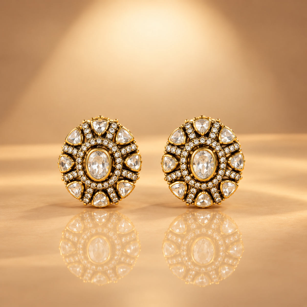 925 Silver Moissanite Polki Gold Plated Round Earrings