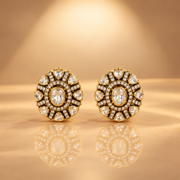 925 Silver Moissanite Polki Gold Plated Round Earrings