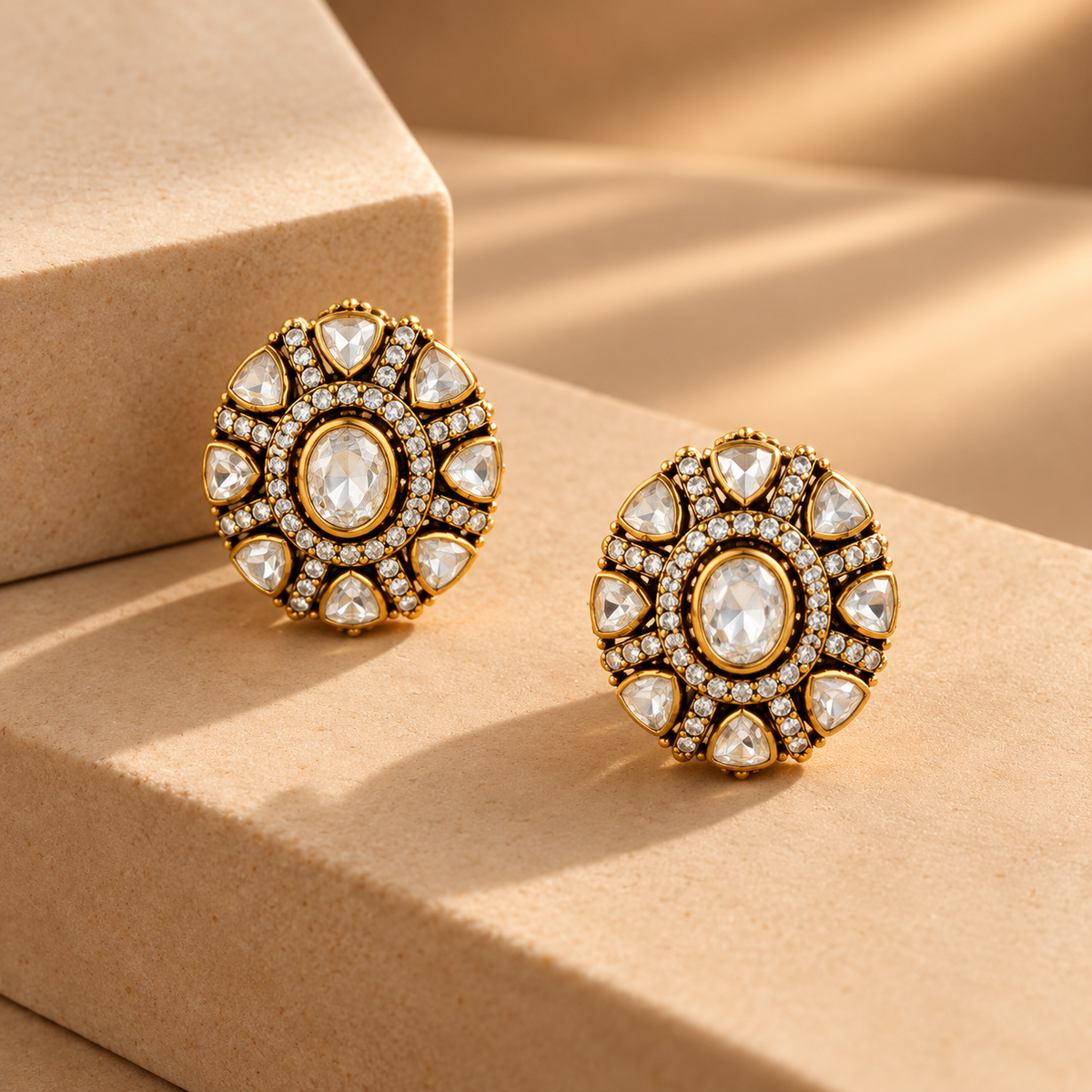 925 Silver Moissanite Polki Gold Plated Round Earrings
