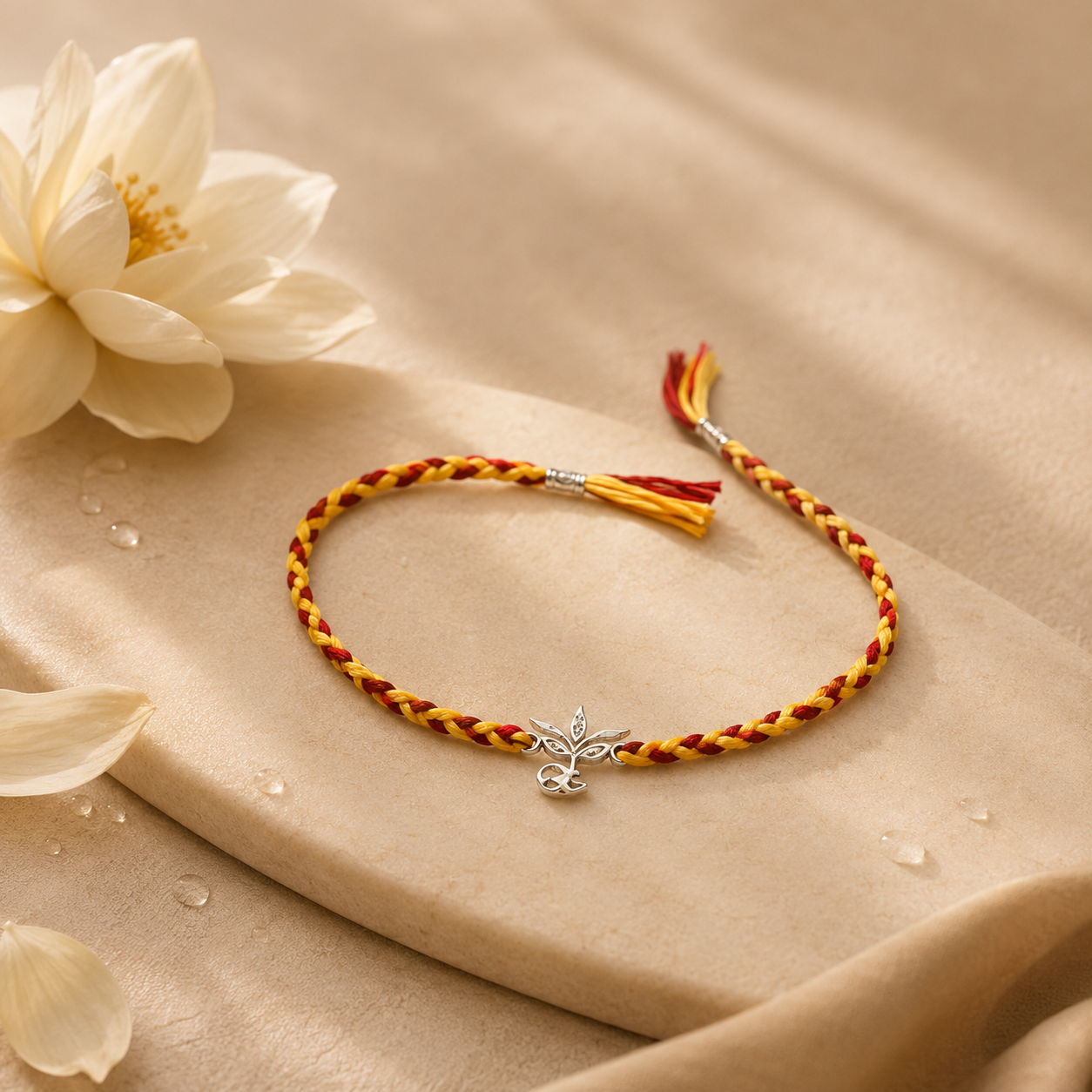 Handmade Om Leaf Silver 925 Hallmarked Red & Yellow Thread Rakhi