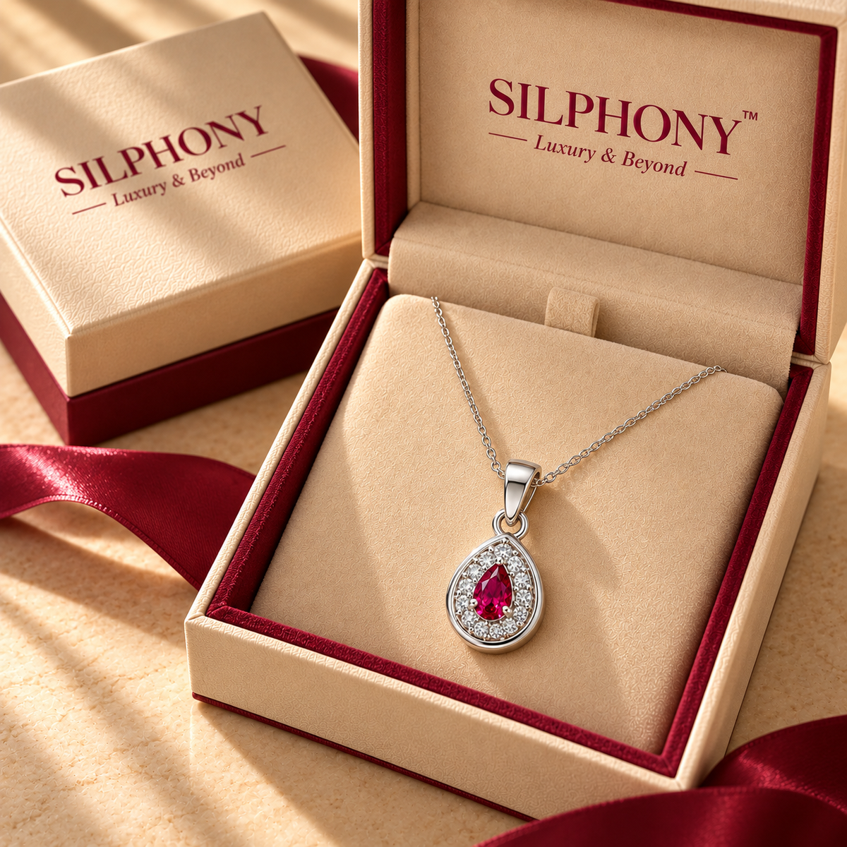 925 Silver Red Quartz Moissanite Pear Pendant Chain
