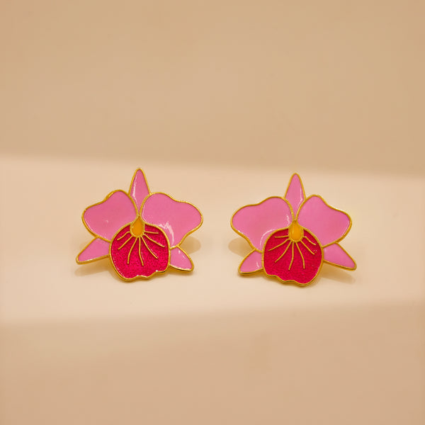 Pink Orchid Bloom Statement Stud Earrings