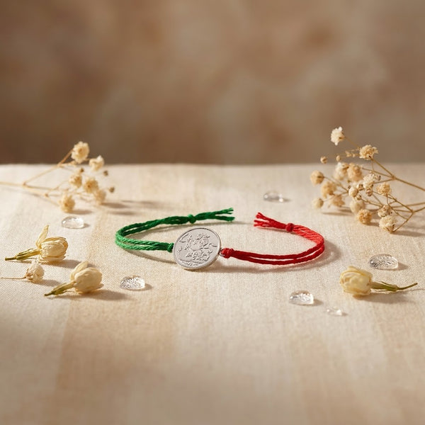 Handmade Chhatrapati Shivaji Maharaj Coin Rakhi Green & Red Thread Raksha Bandhan Silver Rakhi